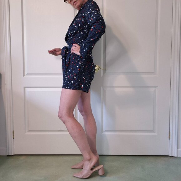 Blue Graphic Print Wrap Romper | Zip Back & Tie Waist | Size S–M - Picture 3 of 8